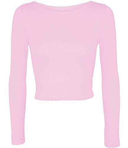 Womens Crop Long Sleeve T Shirt Ladies Short Plain Basic Round Neck Shirts Top 8-14 (Baby Pink UK 8-10)