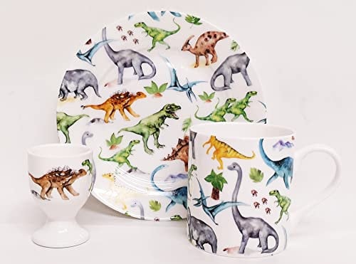 Rainbow Decors Dinosaurs Breakfast Set 3 Pieces Fine Bone China Kids Children Set Dinos Collage Plate Mug Egg Cup Hand Decorated UK, White