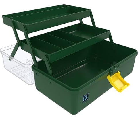 Calogy Lidded Storage Bins, 3 Layer Multifunctional Plastic Organizing Storage Boxes with Lids and Handle, Fits for Medicine, Art Supply, Makeup, Nail, Sewing and Kitchen Gadget (Green)