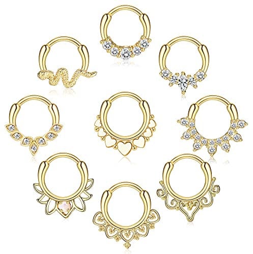 Kakonia 9 Stücke Septum Schmuck 16G Daith Ohrringe Hinged Hoop Nasenringe 316L Edelstahl Septum Clicker CZ Ringe für Frauen Knorpel Helix Tragus Rook Hoop Daith Ohrringe 8MM Gold