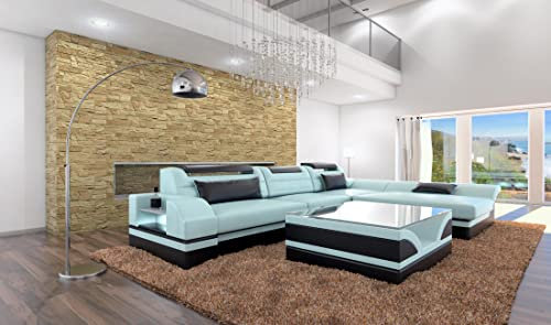 Ecksofa Monza L Form Ledersofa Sofa - mit LED Beleuchtung, verstellbare Kopfstützen, Recamiere/Lederfarben wählbar/Ausrichtung wählbar (Ottomane rechts, Mintgrün-Schwarz)
