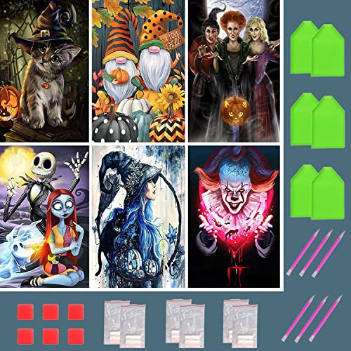 UNIQUORS Diamond Painting Set Halloween, 6 PCS 5D DIY Diamant Painting Bilder Erwachsene Skelett und Clown, Vollbohrer Crystal Diamant Malerei Katze Kürbis, Dekoration für Home Wall (30x40cm)
