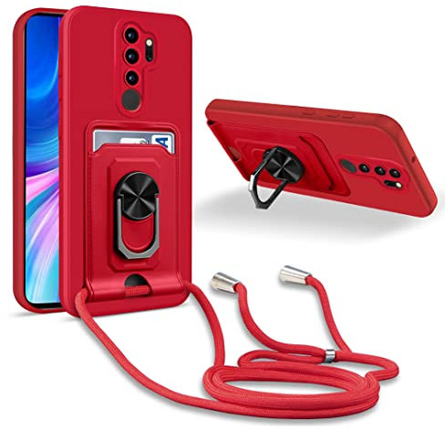 JMstore Handykette Schutzhülle Kompatibel mit Xiaomi Redmi Note 8 Pro,360° Ring Ständer magnetisches Eisenblech+Kartenfach Kameraschutz Stoßfester Silikon hülle-Rot