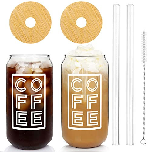 Eiskaffeetasse mit Deckel und Strohhalm, ANOTION Bierdose Glas mit Bambusdeckel 20 Oz Glas Kaffeetassen Wiederverwendbare Trinkgläser Tumbler to Go Kaffeetassen für Reisen Büro Zuhause Tee Saft