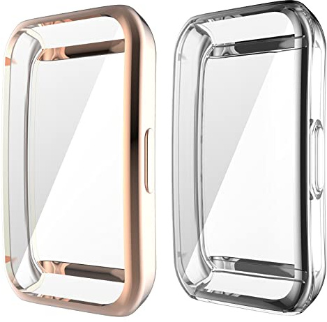 Keweni 2St Hülle für Huawei Band 7,Vollflächige TPU-Displayschutzhülle kompatibel mit Huawei Band 6/Honor Band 6/Huawei Band 7 (Roségold+transparent)