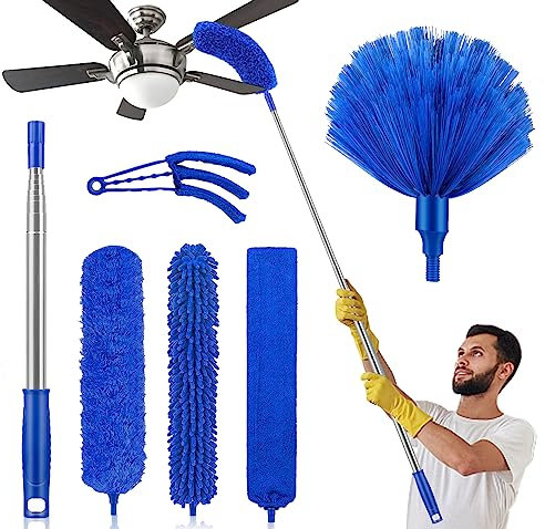 Newliton Plumero para limpieza, plumero con poste de extensión, limpiar ventilador de techo, microfibra, largo, techos altos, pared, nevera, electrodomésticos, zócalo, muebles del hogar, persianas