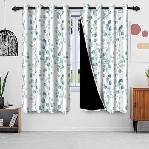 Uiiooazy Gardinen Eukalyptus Grün, Vorhänge Pflanzen Blatt Motiv Thermovorhang Blickdicht Polyester Verdunkelungsvorhänge mit Ösen für Schlafzimmer Wohnzimmer Kinderzimmer Fenster, 107x160cm