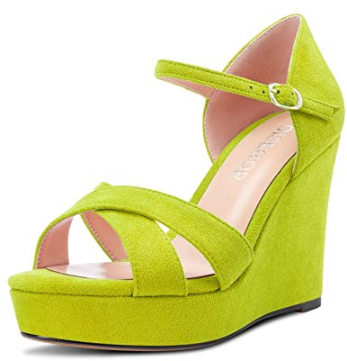 OISEGOP Mujer Alto High cuña esparto Plataforma Heel Abierta Punta Sandalias Correa Tobillo Cierre con Hebilla Fiesta Zapatos Verde Lima Ante 41 EU