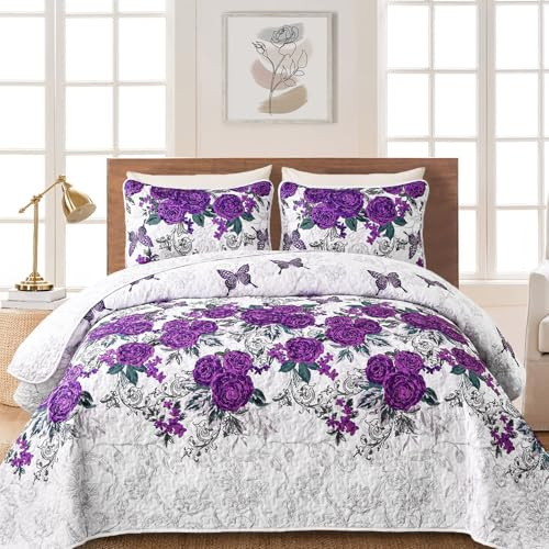 Yiran Purple Floral Bedspreads Queen Size Rose Flowers Quilt Bedding Set 3 Pieces Lightweight Microfiber Botanical Coverlet with 2 Pillow Shams for All Season 96x90 Inch