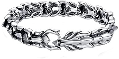 Bracelet Homme,Punk Bracelet,Vintage Dragon écaille Bracelet Homme en Acier Inoxydable,Bracelet de Dragon Chinois en Acier Titane Bijoux en Acier Inoxydable pour Homme,argent