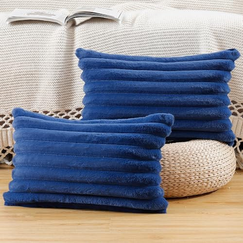 Madizz 2er Set Kunstpelz Plüsch Dekorative Kissenbezüge Flauschig Gestreifte Weich Dekorative Kissenbezug für Sofa Schlafzimmer Kissen Shell Blau 30 x 50 cm
