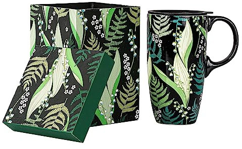Ceramic Travel Mug with Lid and Handle Gift for Coffee Lovers Coffee Mug Latte Teacup Milk Mug in Color Box 17 Oz, Green Leaves Tea Mug