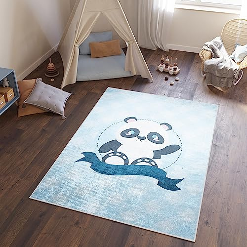 TAPISO Emma Kinderteppich Hellblau Wolke Panda Antirutsch 160 x 230 cm | Waschbar bei 30 Grad bedruckter Kinderteppich Kinderzimmer Jugendzimmer Modern OEKO-TEX