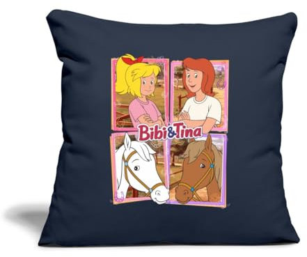 Spreadshirt Bibi Und Tina Mit Amadeus Und Sabrina Kachelmotiv Kissenbezug 45 x 45 cm, One Size, Navy