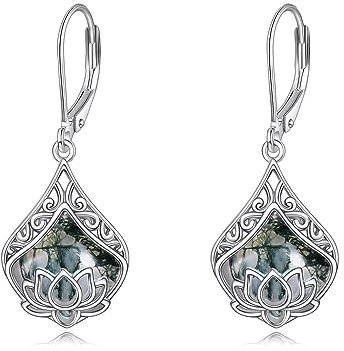 POPLYKE Lotus Blume Ohrringe 925 Sterling Silber Träne Blatt Moos Achat Dangle Ohrringe für Damen Lotus Schmuck Geschenke Geburtstag