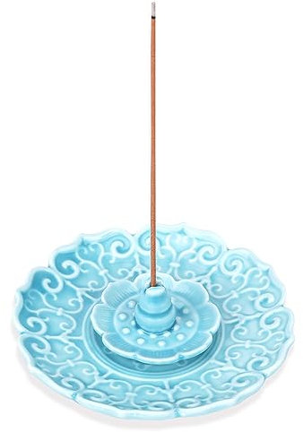 WEWAYSMILE Adorno de Incienso de Loto,Adorno de Quemador de Incienso de Cascada,Placa Incienso de Cerámica,Ideal para Meditación de Yoga, Adoración, Decoración, Ttc (Azul)