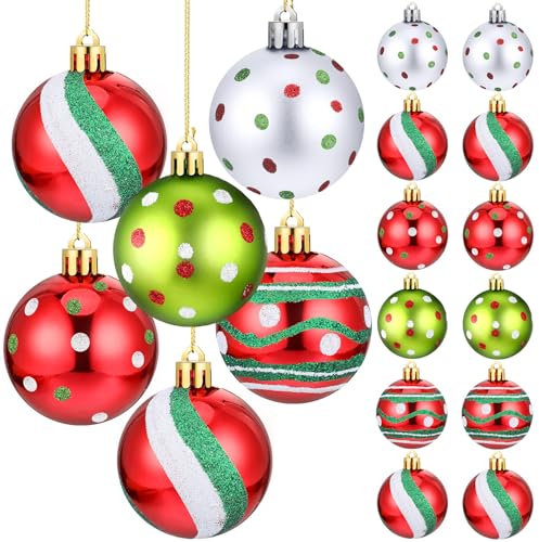 Beeveer 12 Stück 6 cm Weihnachtsschmuck Baumschmuck Rot Grün Weiß Glitzernde Kunststoff Weihnachtskugel Ornamente Dekorative Hängende Weihnachtsbaum Anhänger Kugeln für Weihnachten Urlaub Party Dekor