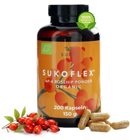 SUKO Bio Hagebuttenkapseln, 200 Stück, Rosa canina AP-4, Hochdosiert, eigene Plantage im Süden Chiles, Premium, 750mg reines Pulver, vegane Kapseln, reich an Vitamin C, Immun-Kapseln ohne Zusätze