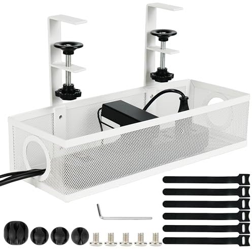 Belle Vous Organizador de Cables de Escritorio - Bandeja Organizadora Blanca con Abrazadera para Mesa - Soporte Recoge Guarda y Oculta Accesorios y Regletas - Montaje Sin Taladro