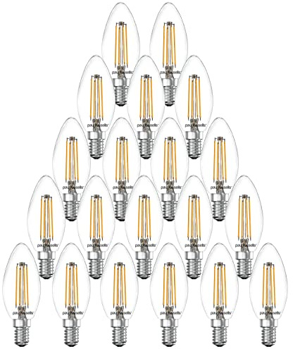 paul russells LED Filament Candle – Dimmable Small Edison Screw E14 Light Bulbs, 4.5Watt 470Lumens C35 LED Bulbs, 40w Equivalent, 2700K Warm White Dimmer SES Energy Saving Chandelier Lamps, 20 Pack