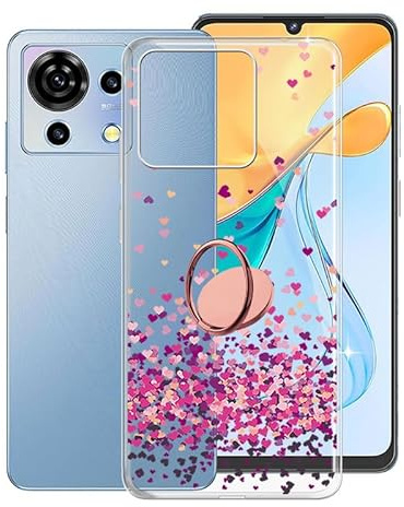 KJYFOANI Handyhülle für ZTE Blade V50 Vita Hülle, Transparent Weiche Silikon Tasche Cover mit 360° Drehbar Handy-Ringhalter, Stoßfeste Schale Schutzhülle für ZTE Blade V50 Vita (6.75) - Rosa Liebe