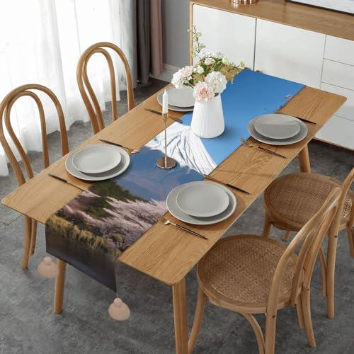 Mt. Fuji Tischläufer im Frühjahr, Leinen-Stil, Tischläufer für Esszimmer, rustikale Bauernhaus-Tischdekoration, Leinen, Tischdekoration für Feiertage, Partys, 35,6 x 152,4 cm
