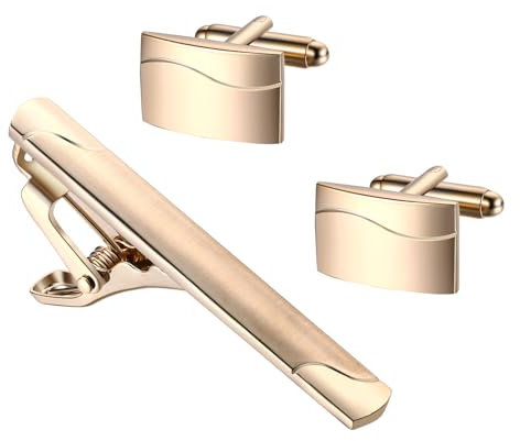 JewelryWe Herren Krawattenklammer und Manschettenknöpfe Set: 3er Gold Business Hemd Krawattennadel Manschettenknopf Cufflinks Tie Clips mit Gravur für Hochzeit Smoking Party Geschäftstreffen
