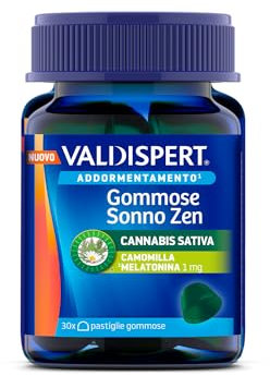 Valdispert Gommose Sonno Zen, 30 Pastiglie Gommose per Dormire con Olio di Semi di Canapa, Melatonina e Camomilla, Gusto Limone e Lime, Senza Glutine e Senza Lattosio