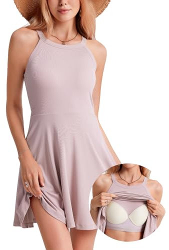 ANYFITTING Robe de Dames avec Soutien-Gorge Intégré Ete Robe sans Manches Respirant en Col Rond Casual Mini Robe Slim Élégant Dos Nu Une Mini-Robe Trapèze Rose Clair XL