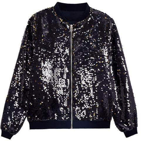 Fowjknww Herren Jacke Pailletten Bomberjacke Shiny Sparkly Glitter Varsity Jacke Halloween Party Disco Kleidung Leicht Glänzende Clubwear Casual Lässiges Comfort Outwear Streetwear