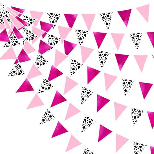 32Ft Hot Pink Cow Print Fabric Bunting Banner Western Cowgirl Party Decorations Triangle Flag Pennant Garland for Western Cowgirls Disco Birthday Baby Shower Derby Day Farm Cow Wild Party Decor