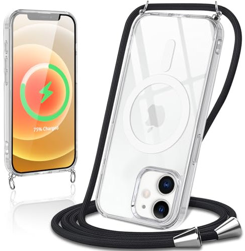 Votvloay Coque Magnétique pour iPhone 12/iPhone 12 Pro 6,1 avec Cordon Collier Compatible avec MagSafe Étui Transparent Réglable Chain Chaine Housse de Protection Silicone Antichoc Case Cover,Noir