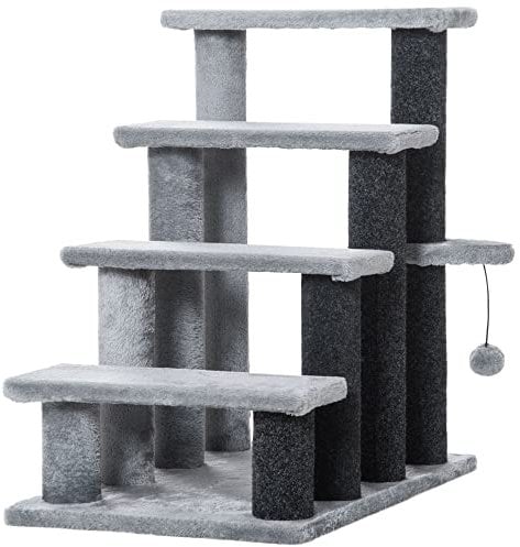 PawHut Pet Stairs, Cat Tree Climb Ladder with 4-step Stair, Scratching Posts, Platforms, Toy Ball, for Indoor Cats, Grey