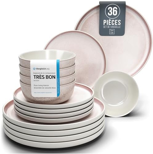 Service de Vaisselle en Grès 12 Pers. Ibiza 36 pièces - Vaisselle Méditerranéenne - Ensemble de Bols et Assiettes - Service de Table pour 12 Personnes - Pure Living Beige et Rose