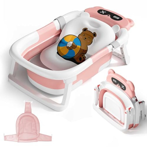 STEUGO Baby Badewanne für 0-18 Monate, Faltbare Babywanne mit Babybadewanne Stützkissen& Thermometer, Portable Baby Bathtub als Wesentliche Artikel für Neugeborene und Kleinkind(Rosa)