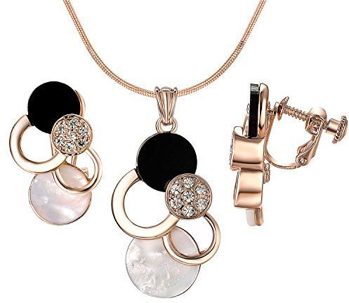 vogem Rose Gold Long Necklace and Earrings Set, Ladies Costume Jewellery Sets for Women White and Black Shell Pendant Wedding Bridal Jewelry