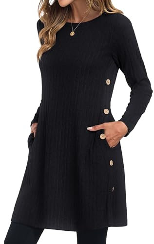 GRECERELLE Womens Winter Jumper Dresses for Women UK Ladies Dresses Tunic Knitted Long Sleeve with Pockets Side Buttons Dress (Black, L)
