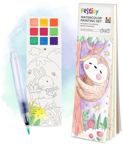 Festicy Aquarell Malbuch mit Wassertankpinsel Edition 2025 I 25 Seiten für Kinder unterwegs I Perfekte Flugzeug Beschäftigung Kinder I Spiele für lange Autofahrten I Urlaub Must Haves Kinder