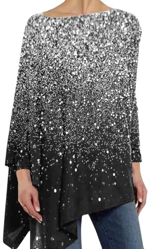 Yekdmxop Camicia Donna Elegante Paillettes Curvy Girocollo Magliette Strass Cerimonia T Shirt Argento Manica Lunga Tops Taglie Forti Glitter Oro Maglia Capodanno Brillantini Blusa Sera Maglietta