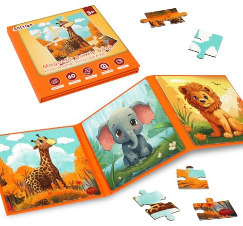 SOLTIRA Magnetpuzzle ab 3,Giraffe,Elefant und Löwe Kinderpuzzle,41 Teile | 3-in-1,BeschäFtigung für Kinder ab 3 im Autofahrt,Flugzeug AktivitäTen,Giraffe, Elefant und Löw,Magnetisches Puzzle Alter 3-5