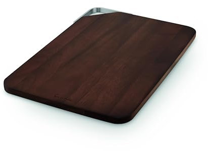 Sur La Table Large Rectangular Chopping Board, Serving Board, Acacia Wood, Brushed Nickel Handle, Walnut Colour