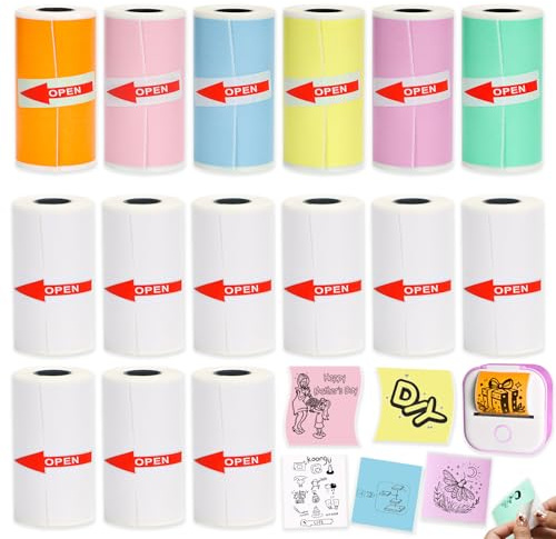 Rifanda 15 rollos de papel adhesivo térmico de 53 x 28 mm para mini impresoras Phomemo T02/M02/M02S/PRO, mini papel de impresora autoadhesivo colorido de 3,75 m para mini impresora Memoking, notas de