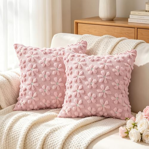Sunshine smile Kissenbezug 50x50 cm,2er Set Kissenhülle Blumen,Wolle Blumens Kissenbezugs,Zierkissenbezug Dekokissen,Kissenbezug Kordsamt,Deko Kissen Wohnzimmer,Deko Kissen Blumen Sofa Sessel,Rosa