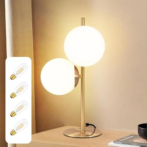 ZMH Lampe de chevet moderne Salon - Lampe de table Vintage 2 flammes Or Métal Design en verre blanc boule Lampe de chevet avec 4 × 4W E27 2700K Ampoule pour chambre à coucher bureau
