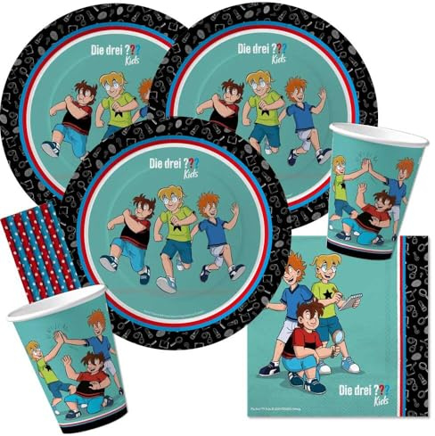44-teiliges Party-Set - Drei Fragezeichen ??? Kids - Detektive - Teller Becher Servietten Trinkhalme für 8 Kinder