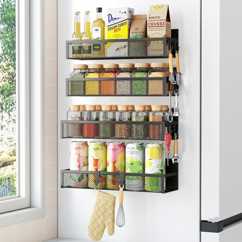 Magnetic Spice Rack for Refrigerator, 4 Pack Magnetic Shelf, Fridge Organizer Shelves with Moveable 8 Hooks Racks for Kitchen Organization and Storage, Metal&Black