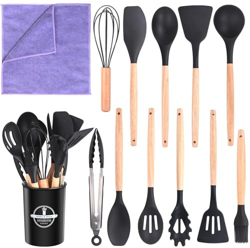 Silicone Kitchen Utensil Set, 12 PCS Cooking Utensils Set with Wooden Handle, Heat Proof Kitchen Tools Gadgets Include Turner Tongs Spatula Spoon for Nonstick Cookware