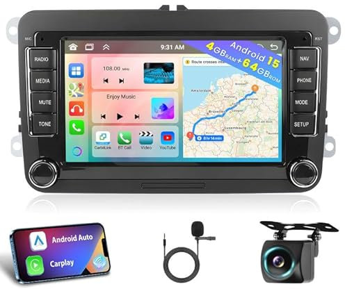 Hikity 8 Core 4+64G Android 15 Autoradio para VW Golf 5 6 Passat Polo Tiguan Touran Caddy Skoda Radio Wireless CarPlay Android Auto Bluetooth 7 Pantalla GPS WiFi EQ FM RDS Pomo