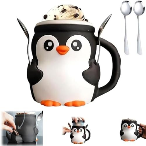 MIGEDY Pebbles Der Pinguin-Eishalter, Pepples 3D-gedruckte Eishülle, wiederverwendbarer Pinguinfiguren-Pinthalter mit Löffel(Black)