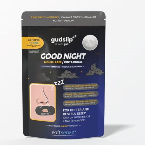 GudSlip® Mouth Tape - Tiras Bucales para Dormir (30+6) - Reduce Ronquidos & Sequedad Bucal, Mejora la Respiración Nasal - Adhesivo Elástico Hipoalergénico Apto para Barba